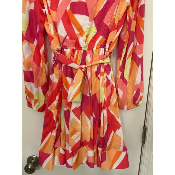 Nicole Miller New Pink Multi Color Pleated Mini Dress Summer Vibrant Party XL - Picture 12 of 16